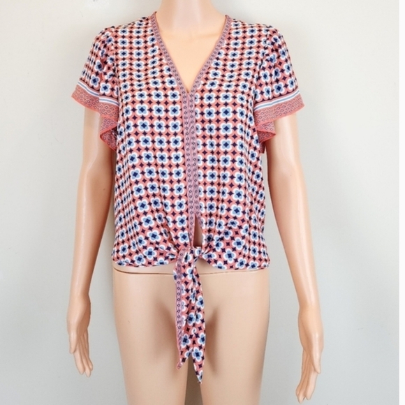 Max Studio Short Sleeve Floral Tie Waistline Blouse - Picture 9 of 9